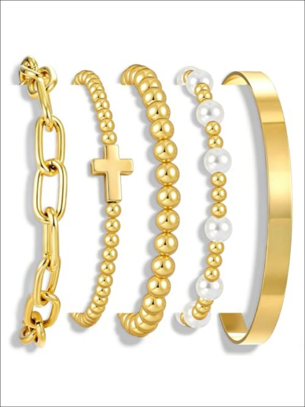 5 Pc 14K Gold Plated Beaded Stretch Bracelets Set for Women